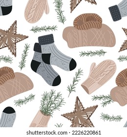 El invierno es transparente con puentes de punto, medias, ramas de abeto y mitones. Fondo del vector de corte. Textura repetitiva para las vacaciones de Año Nuevo. Ornamento de Navidad. 