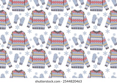 Winter seamless pattern with knitted jumpers, and mittens. Cute vector background with ugly sweaters. Repeating texture for New Year holidays. Christmas ornament. Hand drawn cozy winter elements .