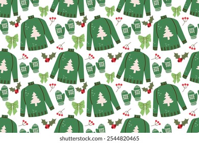 Winter seamless pattern with knitted jumpers, and mittens. Cute vector background with ugly sweaters. Repeating texture for New Year holidays. Christmas ornament. Hand drawn cozy winter elements .