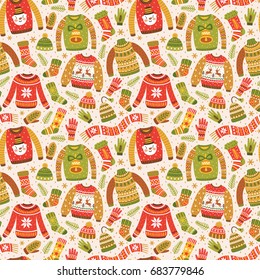 Winter seamless pattern with knitted jumpers, socks, hats, scarfs and mittens. Cute vector background with ugly sweaters. Repeating texture for New Year holidays. Christmas ornament.