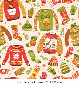 Winter seamless pattern with knitted jumpers, socks, hats, scarfs and mittens. Cute vector background with ugly sweaters. Repeating texture for New Year holidays. Christmas ornament.