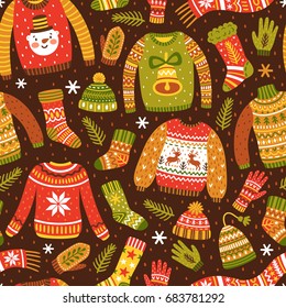 Winter seamless pattern with knitted jumpers, socks, hats, scarfs and mittens. Cute vector background with ugly sweaters. Repeating texture for New Year holidays. Christmas ornament.