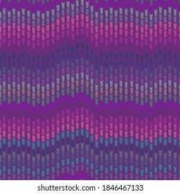 Winter seamless pattern with knitted stitches northern lights pattern on purple background. Vector. Jagged horizontal multicolored bright lines.