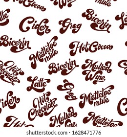 Winter seamless pattern with lettering. Name of hot drinks. Sketch vector illustration.