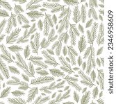 Winter seamless pattern. Line illustration with Christmas tree branches and leaves on dark blue background. Pine needles texture.