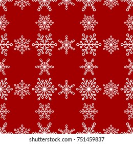 Winter seamless pattern with lines of white snowflakes on red background. New Year backdrop. Vector flat symmetric Christmas background for fabric, textile, wrapping paper, card, invitation, wallpaper