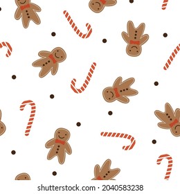 Winter seamless pattern with little men, cookies and red lollipops on a white background. Vector vintage illustration