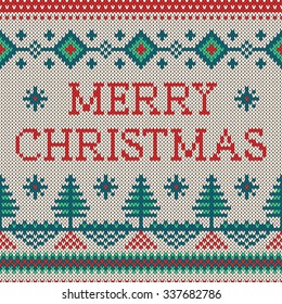 Winter seamless pattern with Merry Christmas text. Sweater design with new year trees on the wool knitted texture. Vector beige, green and red Christmas and new year ornament