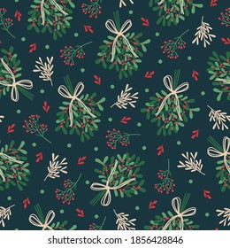 Winter seamless pattern with mistletoe bunches, branches, leaves, berries. Christmas illustration for fabric, wrapping paper, postcard design. Vector background.