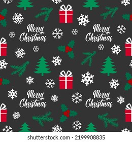 El invierno es un patrón sin fisuras con mistletoe, regalos, abetos, copos de nieve y texto Feliz Navidad como carta de fondo o de felicitación. Patrón repetitivo sin fin como papel de pared, impresión de tela, textura superficial.