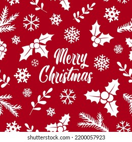 Winter seamless pattern with mistletoe, snowflakes and text Merry Christmas as background or congratulation card. Endless repeating pattern as wallpaper, fabric prints, pattern fills, surface textures