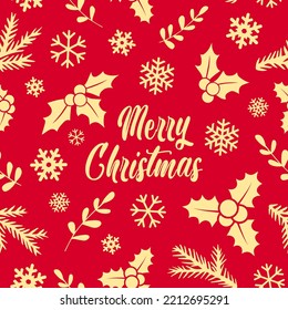 Winter seamless pattern with mistletoe, snowflakes and text Merry Christmas as background or design for congratulation card. Endless repeating texture as wallpaper, fabric print, pattern fills.