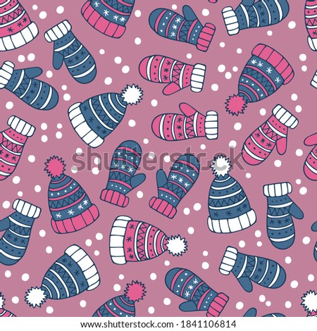 Winter seamless pattern with Mittens and Hats and snow. Winter time vector illustration. Cold season repeated background. Hand drawn design for wallpaper, wrapping, print, manufacturing.