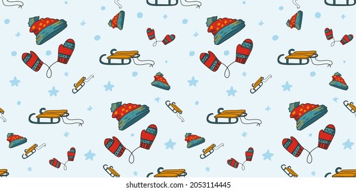 Winter seamless pattern with mittens on a rope, winter hat, sleds. Winter games with snowballs.Hand drawn cute print for posters, cards, t-shirts.