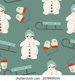Winter seamless pattern with mittens,  snowman and sledges. Vector illustration.