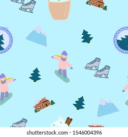 Winter seamless pattern with mountains, snowboarder girl, eggnog. pine tree and christmas decorations