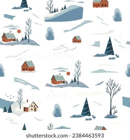 winter seamless pattern with mountain,tree.Editable vector illustration for postcard,fabric,tile