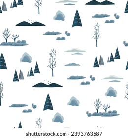 winter seamless pattern with mountain,tree.Editable vector illustration for postcard,fabric,tile