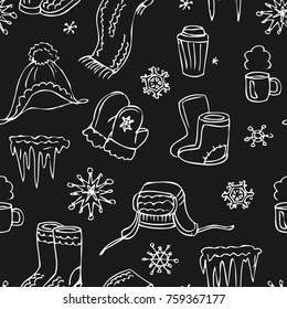 Winter seamless pattern. New Year mood design. Clothes, snowflakes, icicles, coffe and tea. Chalk drawing doodle texture. Vector illustration.