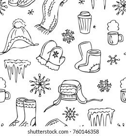 Winter seamless pattern. New Year mood design. Clothes, snowflakes, icicles, coffe and tea. Hand drawing doodle texture. Vector illustration.