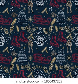 Winter seamless pattern on a blue background. Skates, scarf, sled, tree, hat, mittens, twig, house, mug of hot chocolate. Great for wallpaper, gift paper, fabric, wrapping paper, surface designs.