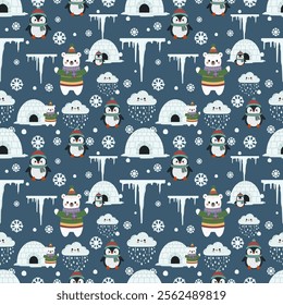 Winter seamless pattern on a blue background with different winter elements including polar bear, icicles, penguin and more . . .	