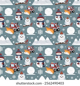 Winter seamless pattern on a blue background with different winter elements including snowmen, snowballs, snowplows, snowy owls and more...	