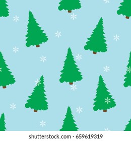 Winter seamless pattern on a blue background. A vector picture with green fir-trees and snowflakes