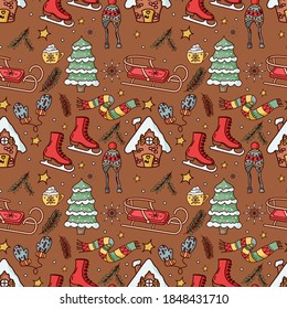 Winter seamless pattern on brown background. Skates, scarf, sled, tree, hat, mittens, twig, house, mug of hot chocolate. Great for wallpaper, gift paper, fabric, wrapping paper, surface designs.