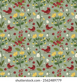 Winter seamless pattern on a green background with different winter elements including winter aconite flowers, snowdrop flowers, cardinal birds, and cranberries	