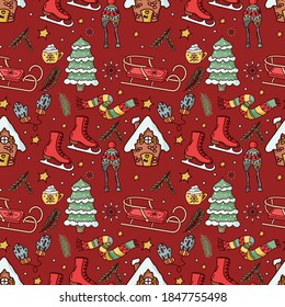 Winter seamless pattern on a red background. Skates, scarf, sled, tree, hat, mittens, twig, house, mug of hot chocolate. Great for wallpaper, gift paper, fabric, wrapping paper, surface designs.