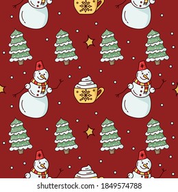 Winter seamless pattern on a red background. Snowman, Christmas tree, mug of hot chocolate, stars, snow. Great for wallpaper, gift paper, fabric, wrapping paper, surface designs.