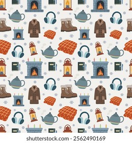 Winter seamless pattern on a white background with different winter elements including blankets, lanterns, boots, coats and more . . .