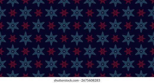 Winter seamless pattern with ornamental snowflakes. Festive geometric background texture with decorative stars, intricate line ornament. Christmas holiday design for textile, wallpaper, wrapping paper