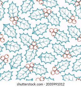 Winter seamless pattern with outline drawing holly leaves and berries on white background. Print for for fabric, wrapping, paper, apparel. Christmas and New Year swatch. Vector flat design