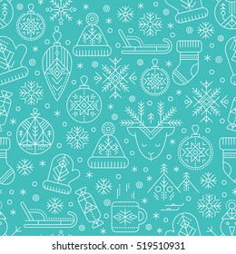 Winter seamless pattern with outlined seasonal signs. White and blue color palette. Minimalistic design layout. Creative tribal line style background