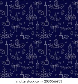 Winter seamless pattern. Outlines of Christmas items on a dark background. Candles, bows. Vector illustration