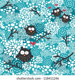 Winter seamless pattern with owls and snow. Vector doodle texture.