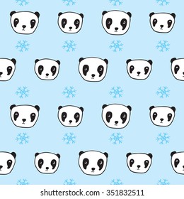 Winter seamless pattern with pandas and snowflakes. Wrapping paper, cloth. Sketch, doodles, design elements. Hand drawing. Vector.