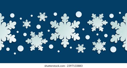 Winter seamless pattern with paper cut snowflakes. Christmas design 3D illustration on blue colored background for presentation, banner, cover, web, flyer, card, sale, poster and social media.	