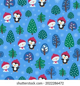 Winter seamless pattern penguin snowman. Cute characters Christmas design. Winter repeat design sweet style. Adorable baby kids textile print, wrapping paper, fabric, packaging. Vector illustration. 