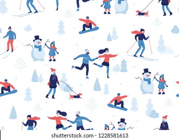 Winter seamless pattern. People having winter activities in park, skiing, skating, snowboarding, girl walking the dog, girl making a cute snowman, cartoon characters in flat design isolated on white.