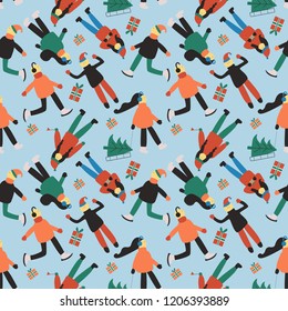 Winter seamless pattern with people: skating man, women with sled, women with gift, men in sweater.Modern art in flat design.