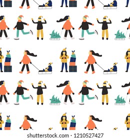 Winter seamless pattern with people: skating man, women with sled, women with gift, men in sweater, women with child, women with snowman. Christmas holiday art.