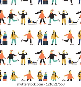 Winter seamless pattern with people: skating man, women with sled, women with gift, men in sweater, women with child, women with snowman. Christmas holiday art.