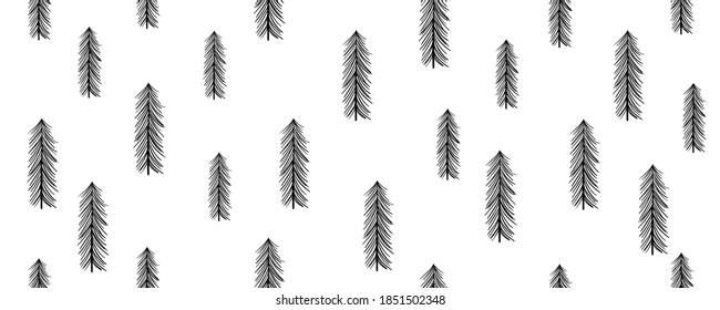 Winter seamless pattern with pine. Black-and-white monochrome vector illustration in the style of minimalism. Design packaging of gifts, covers, magazines. Illustration on white background.