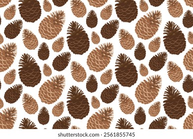 Winter seamless pattern with pine cones on awhite background. Design for wrapping paper, fabric, textile, cards. Vector illustration