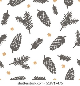 Winter seamless pattern with pinecones, snowflakes and Christmas tree branches in brown and yellow on white background.