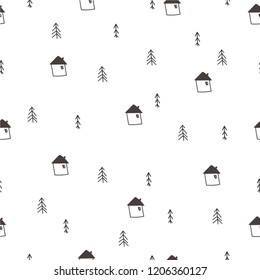 Winter seamless pattern. Pines and houses on white background. Christmas wrapping paper.
