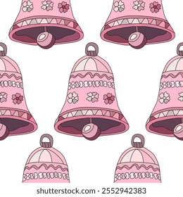 Winter seamless pattern with pink christmas bells , design elements. New Year  pattern for invitations, cards, print, gift wrap, manufacturing, textile, fabric, wallpapers